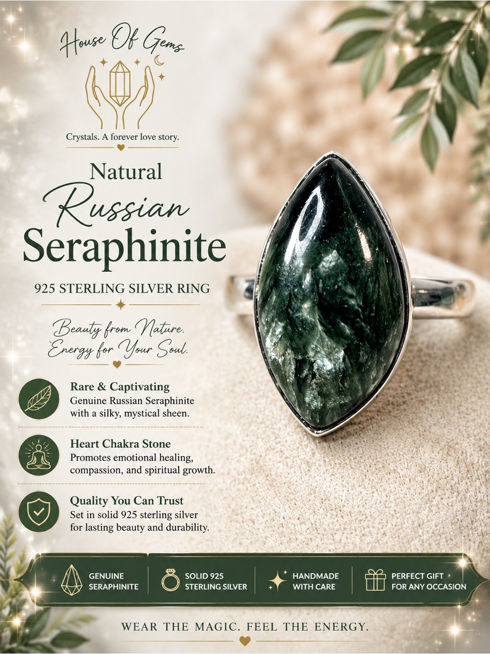 Natural Russian Seraphinite Marquise Sterling Silver Ring - Deep Green